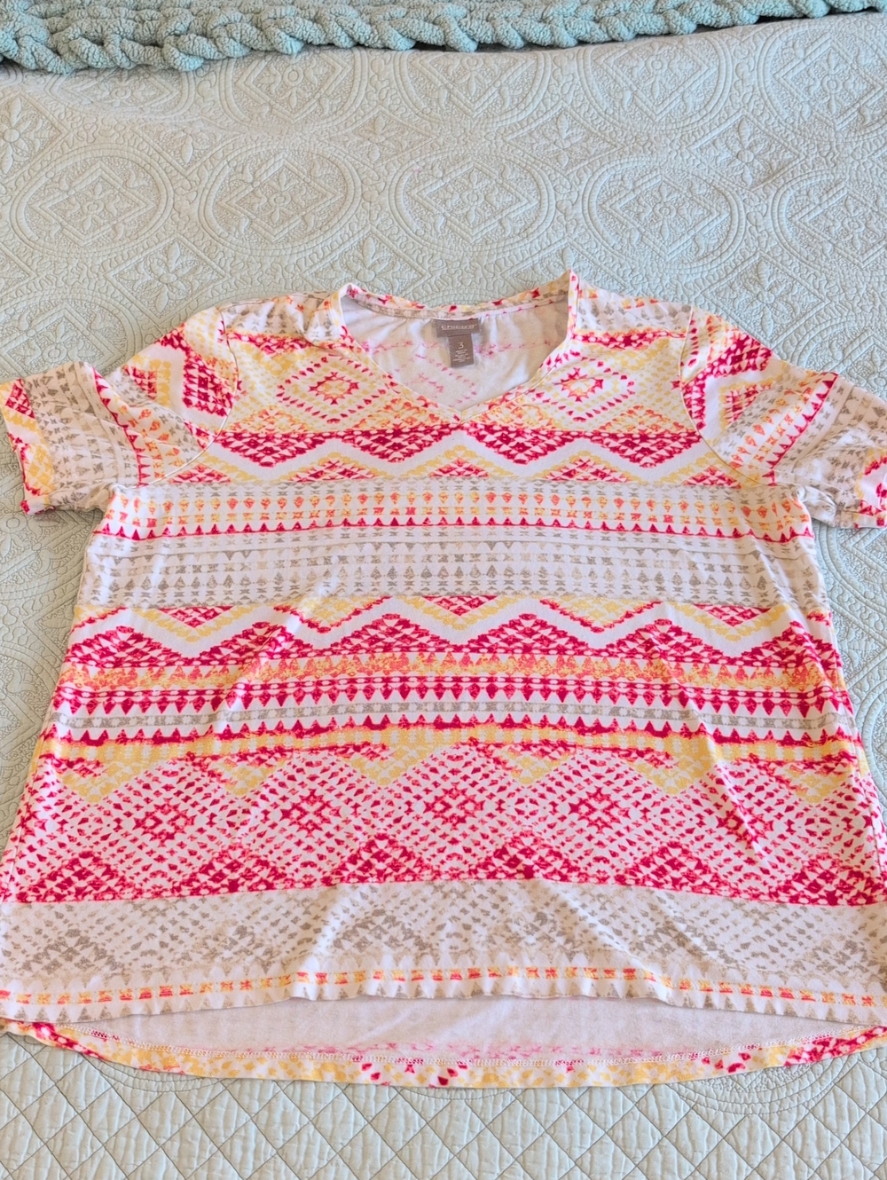 Chico's Short-Sleeve V-Neck Tee in Red & Yellow Geo Stripe